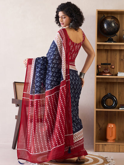 Women's Cotton Navy Blue Printed Ready to Wear With Blouse Piece