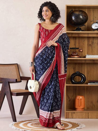 Women's Cotton Navy Blue Printed Ready to Wear With Blouse Piece