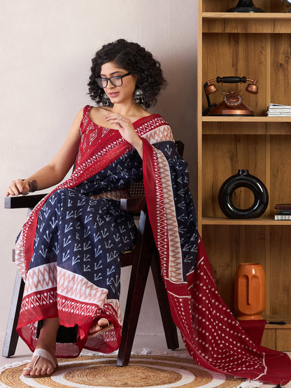 Women's Cotton Navy Blue Printed Ready to Wear With Blouse Piece