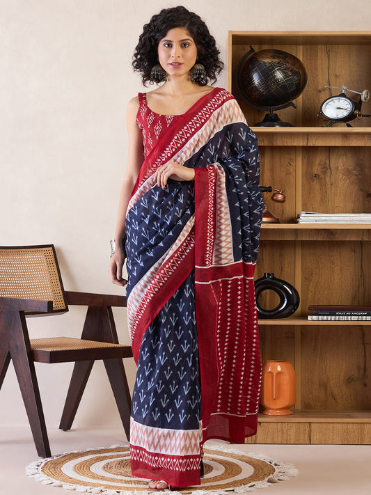 Women's Cotton Navy Blue Printed Ready to Wear With Blouse Piece
