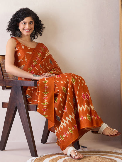 Women's Cotton Orange Printed Ready to Wear With Blouse Piece