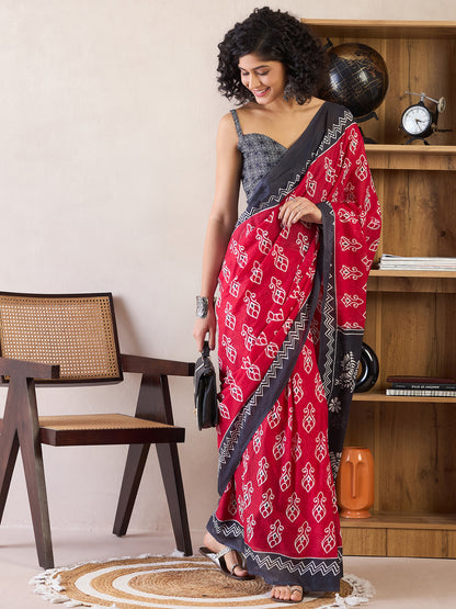 Women's Cotton Pink Printed Ready to Wear With Blouse Piece