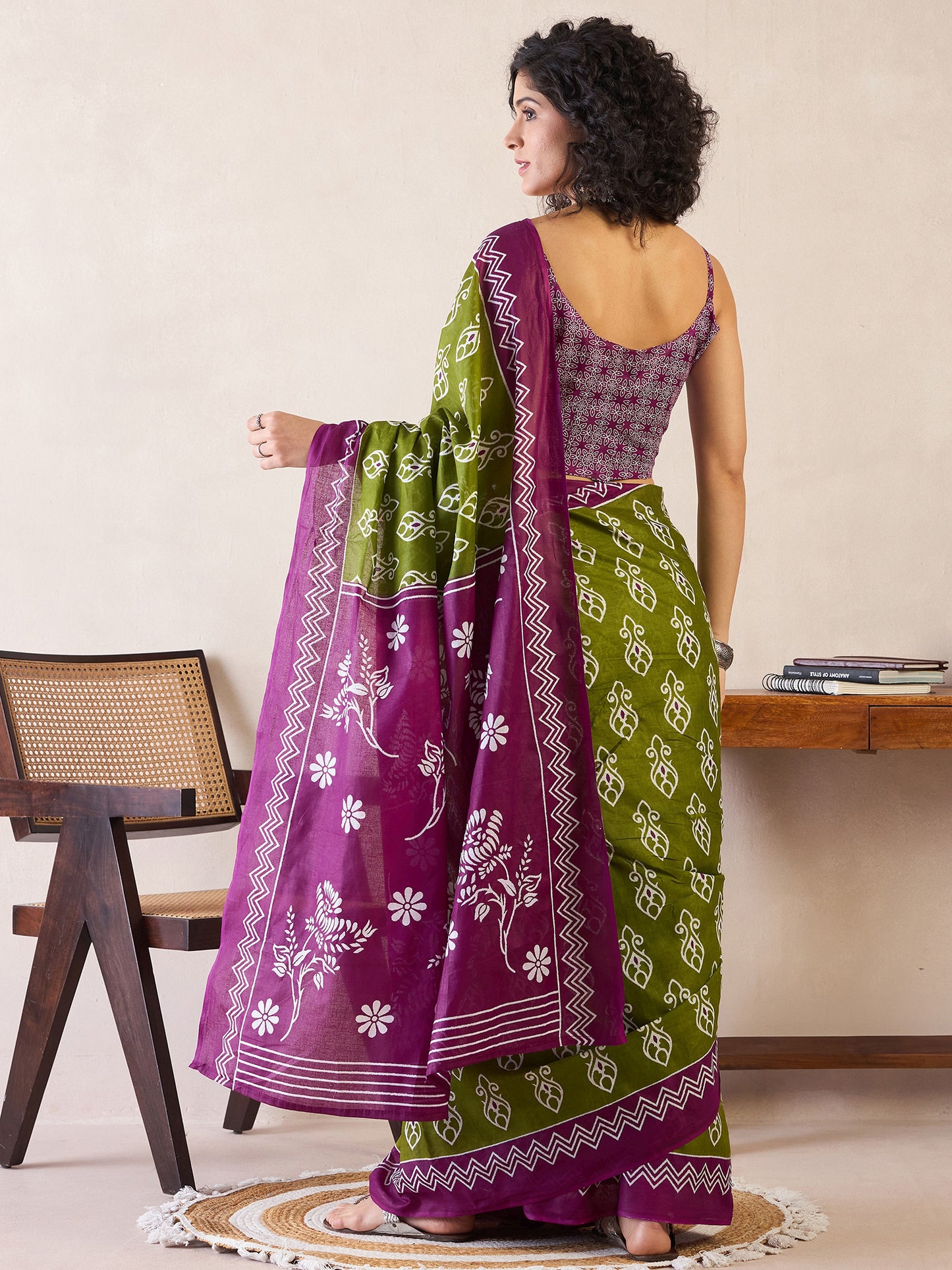 Women's Cotton Green Printed Ready to Wear With Blouse Piece