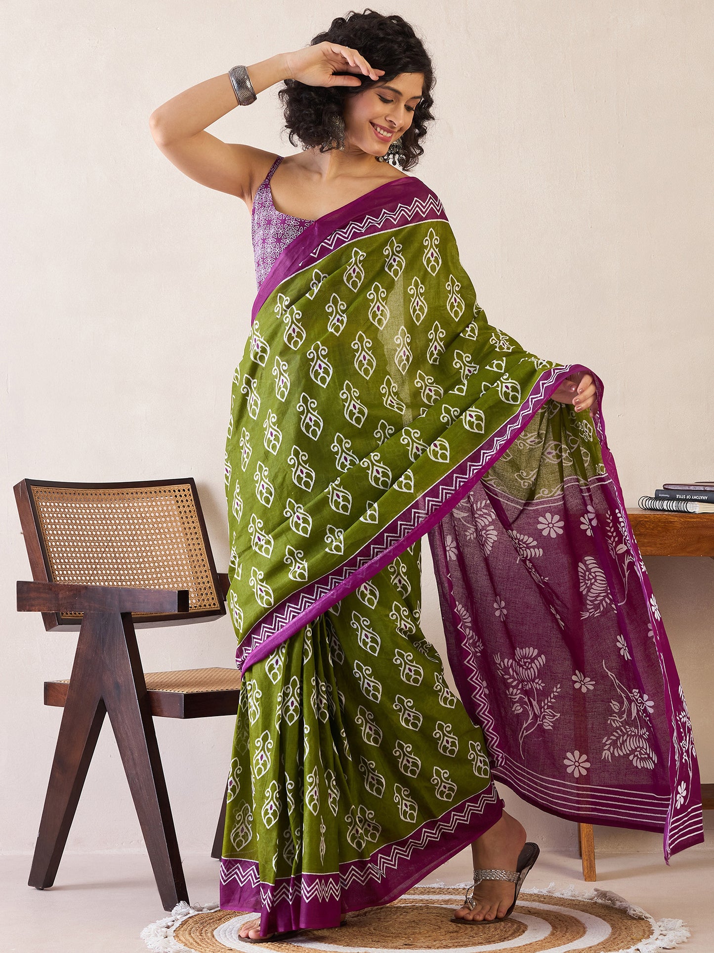 Women's Cotton Green Printed Ready to Wear With Blouse Piece