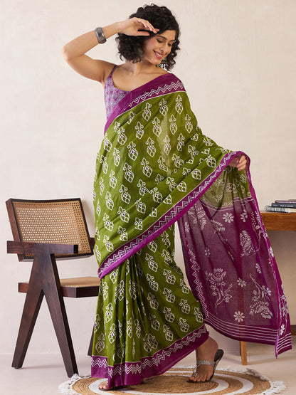 Women's Cotton Green Printed Ready to Wear With Blouse Piece