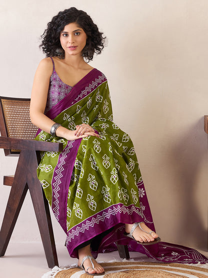 Women's Cotton Green Printed Ready to Wear With Blouse Piece