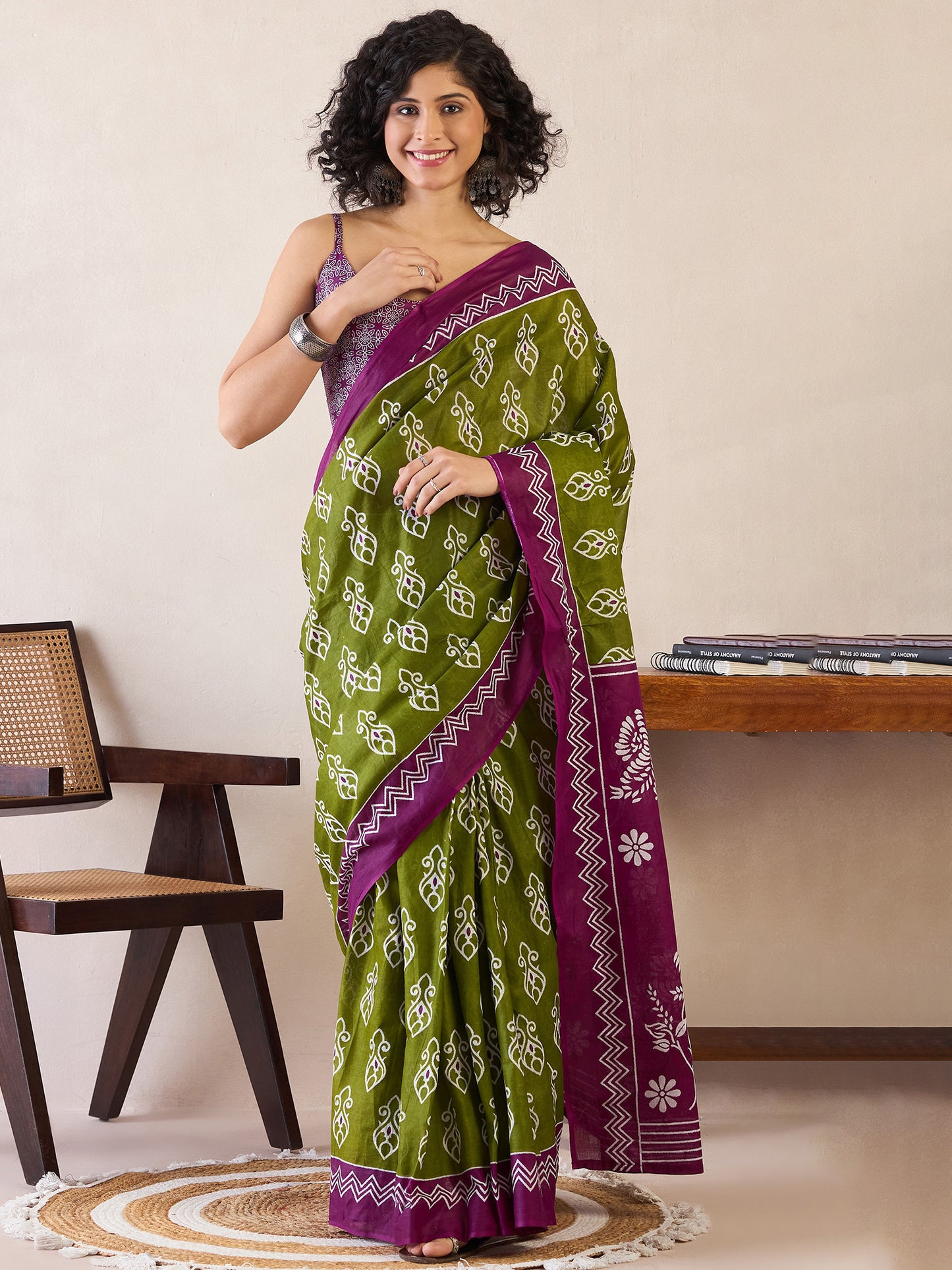 Women's Cotton Green Printed Ready to Wear With Blouse Piece