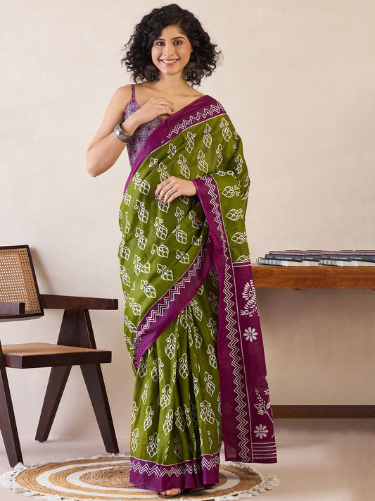 Women's Cotton Green Printed Ready to Wear With Blouse Piece