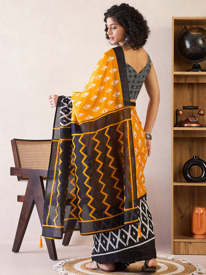 Women's Cotton Yellow Printed Ready to Wear With Blouse Piece