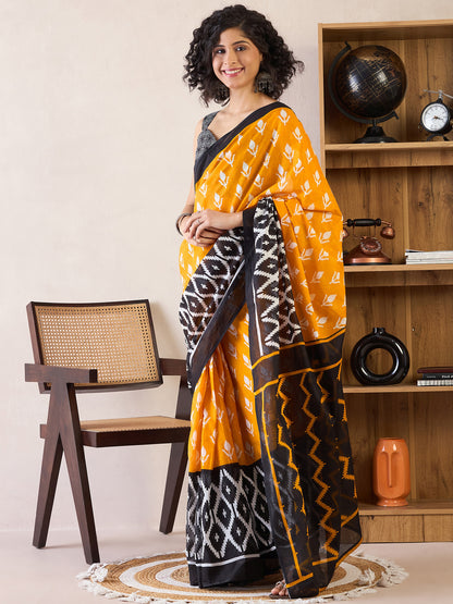 Women's Cotton Yellow Printed Ready to Wear With Blouse Piece