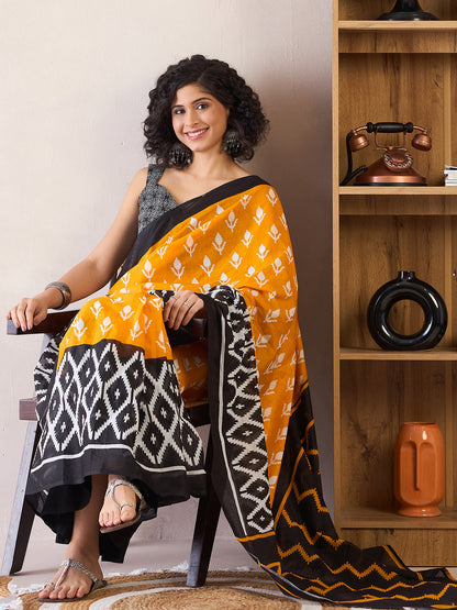Women's Cotton Yellow Printed Ready to Wear With Blouse Piece
