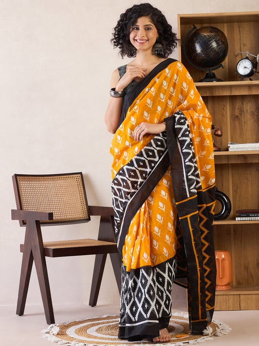 Women's Cotton Yellow Printed Ready to Wear With Blouse Piece