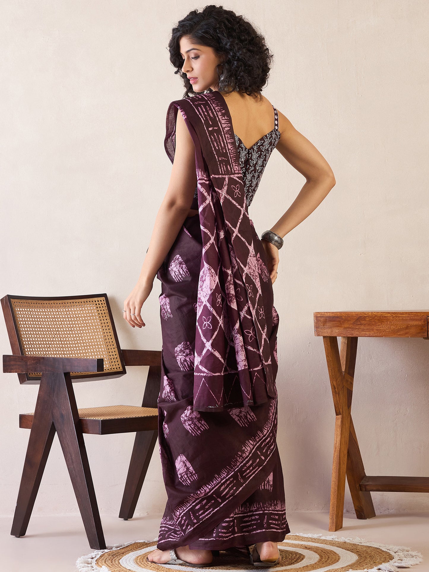 Women's Cotton Burgundy Printed Ready to Wear With Blouse Piece