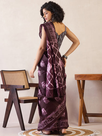 Women's Cotton Burgundy Printed Ready to Wear With Blouse Piece