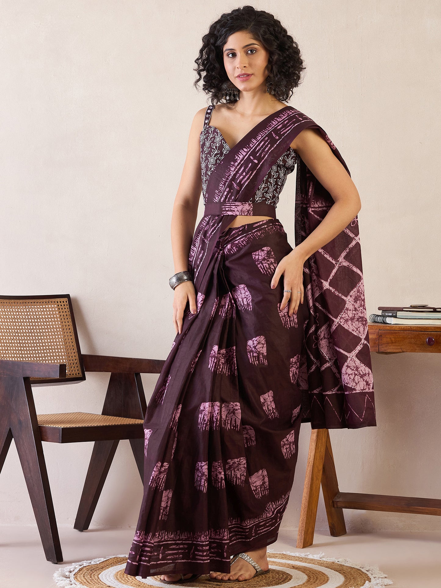 Women's Cotton Burgundy Printed Ready to Wear With Blouse Piece