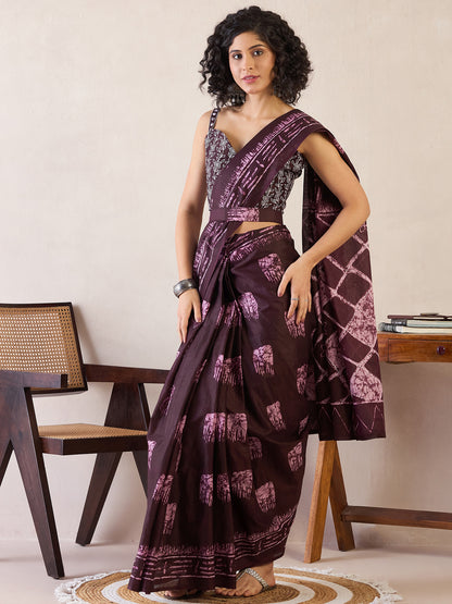 Women's Cotton Burgundy Printed Ready to Wear With Blouse Piece