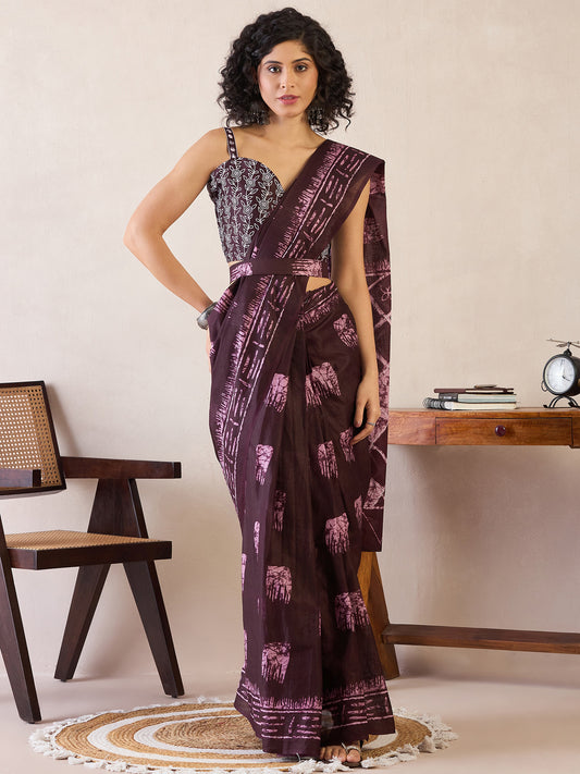 Women's Cotton Burgundy Printed Ready to Wear With Blouse Piece