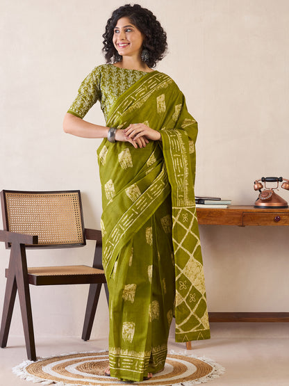 Women's Cotton Olive Printed Ready to Wear With Blouse Piece