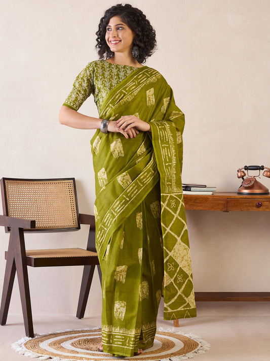 Women's Cotton Olive Printed Ready to Wear With Blouse Piece