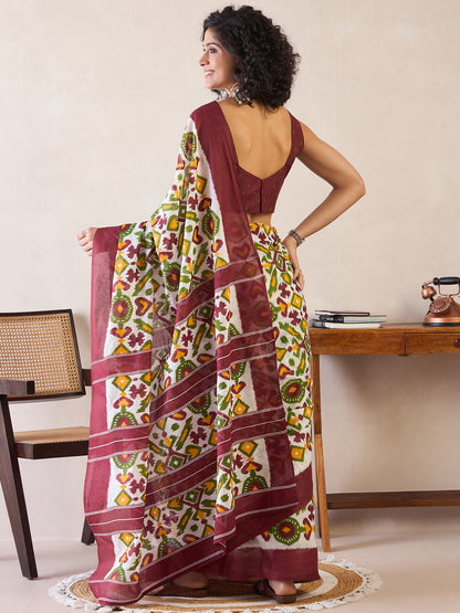 Women's Cotton White Printed Ready to Wear With Blouse Piece