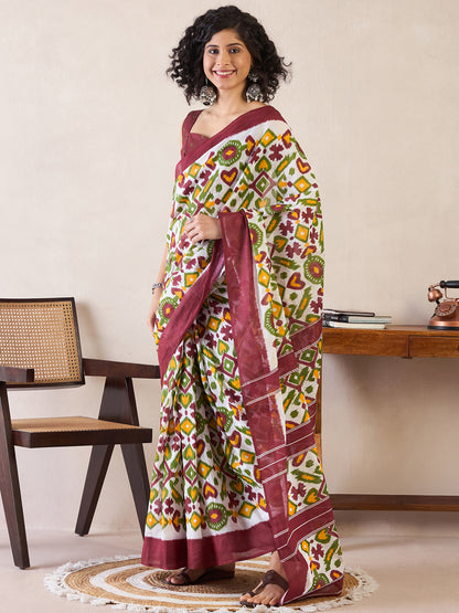 Women's Cotton White Printed Ready to Wear With Blouse Piece