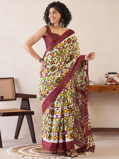 Women's Cotton White Printed Ready to Wear With Blouse Piece