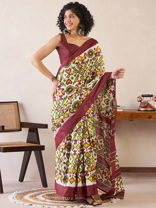 Women's Cotton White Printed Ready to Wear With Blouse Piece