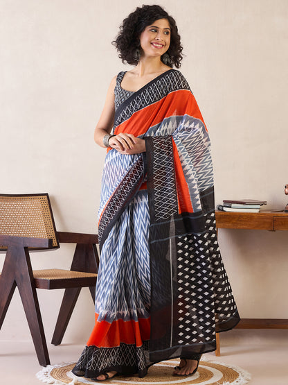 Women's Cotton Grey Printed Ready to Wear With Blouse Piece