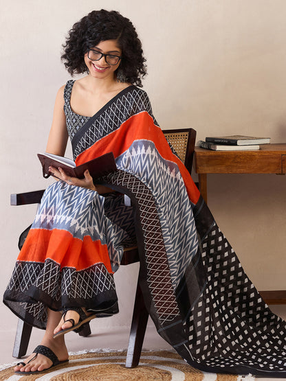Women's Cotton Grey Printed Ready to Wear With Blouse Piece