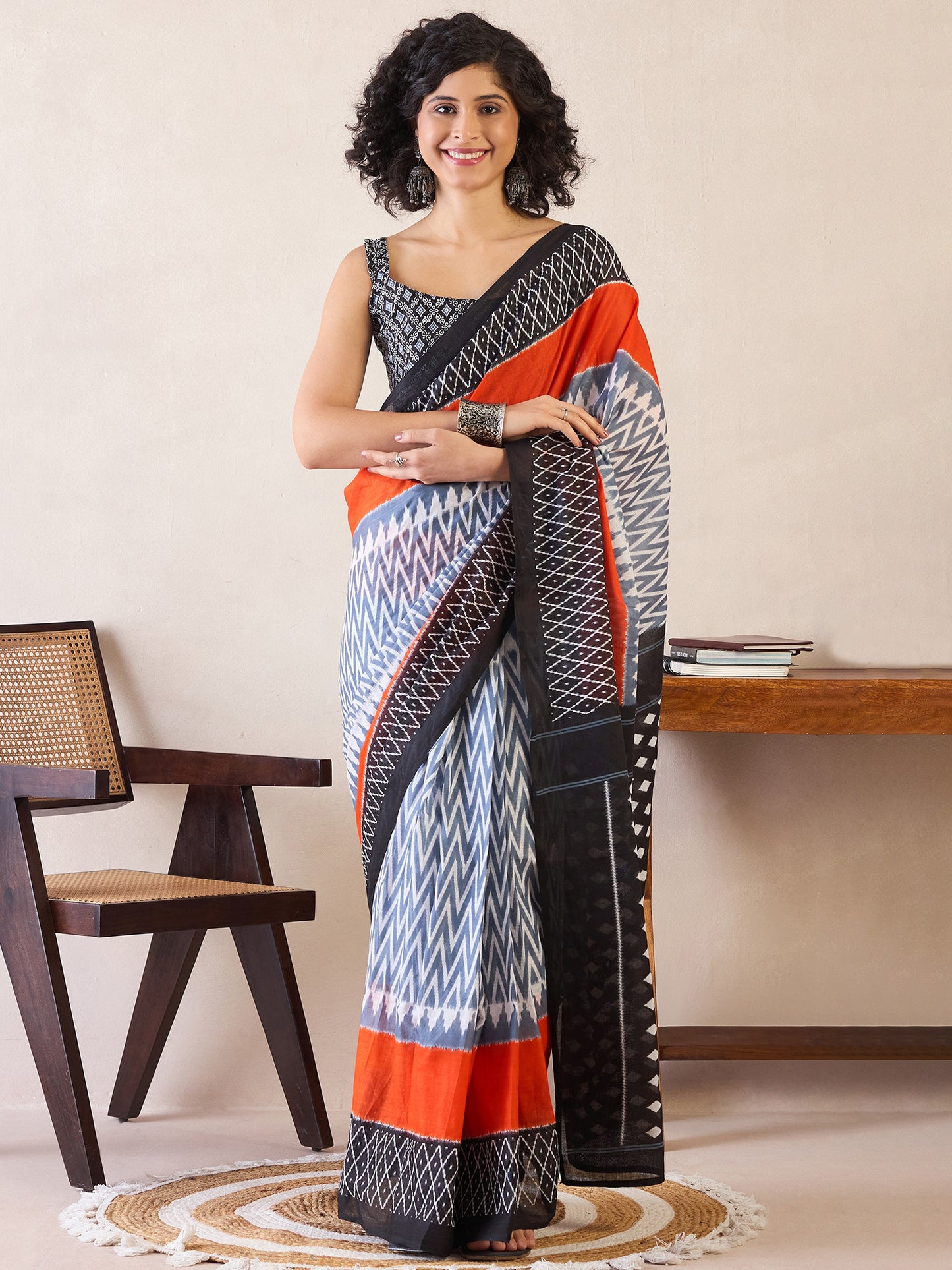 Women's Cotton Grey Printed Ready to Wear With Blouse Piece