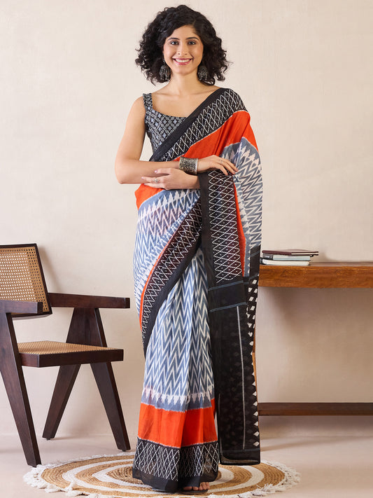 Women's Cotton Grey Printed Ready to Wear With Blouse Piece