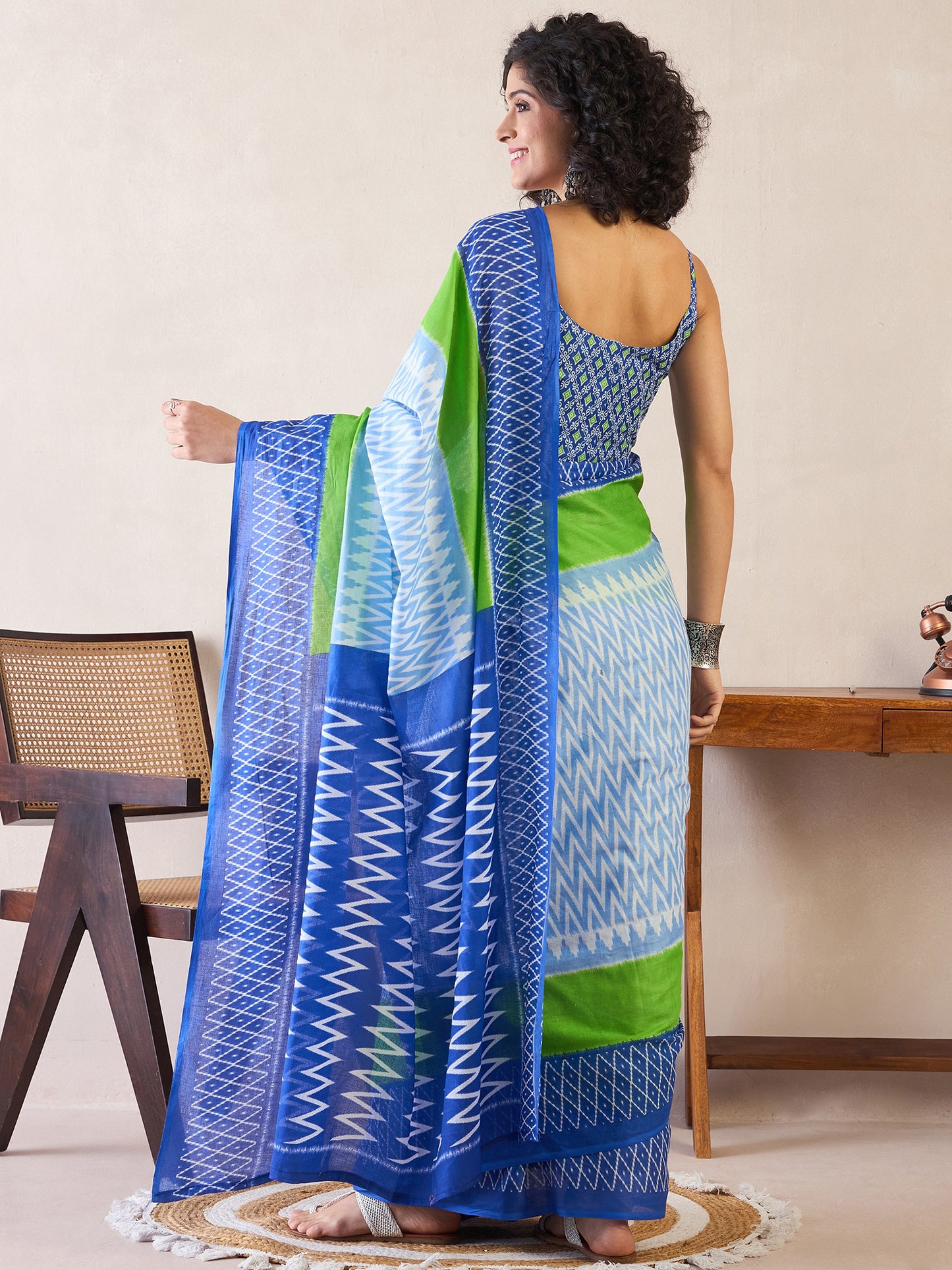 Women's Cotton Light Blue Printed Ready to Wear With Blouse Piece