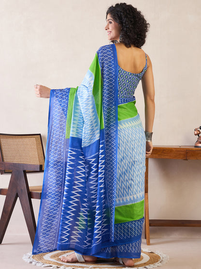 Women's Cotton Light Blue Printed Ready to Wear With Blouse Piece