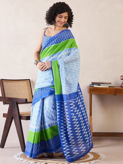Women's Cotton Light Blue Printed Ready to Wear With Blouse Piece