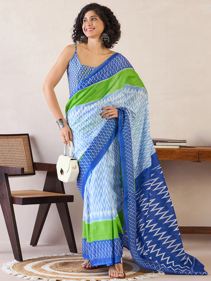 Women's Cotton Light Blue Printed Ready to Wear With Blouse Piece