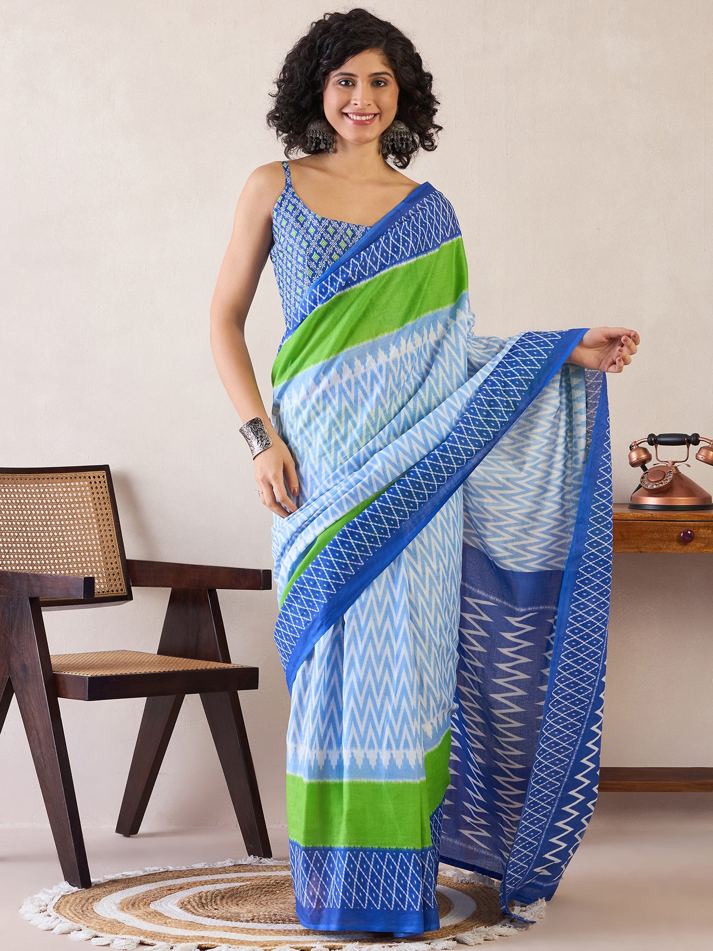 Women's Cotton Light Blue Printed Ready to Wear With Blouse Piece