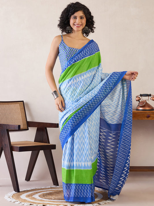 Women's Cotton Light Blue Printed Ready to Wear With Blouse Piece