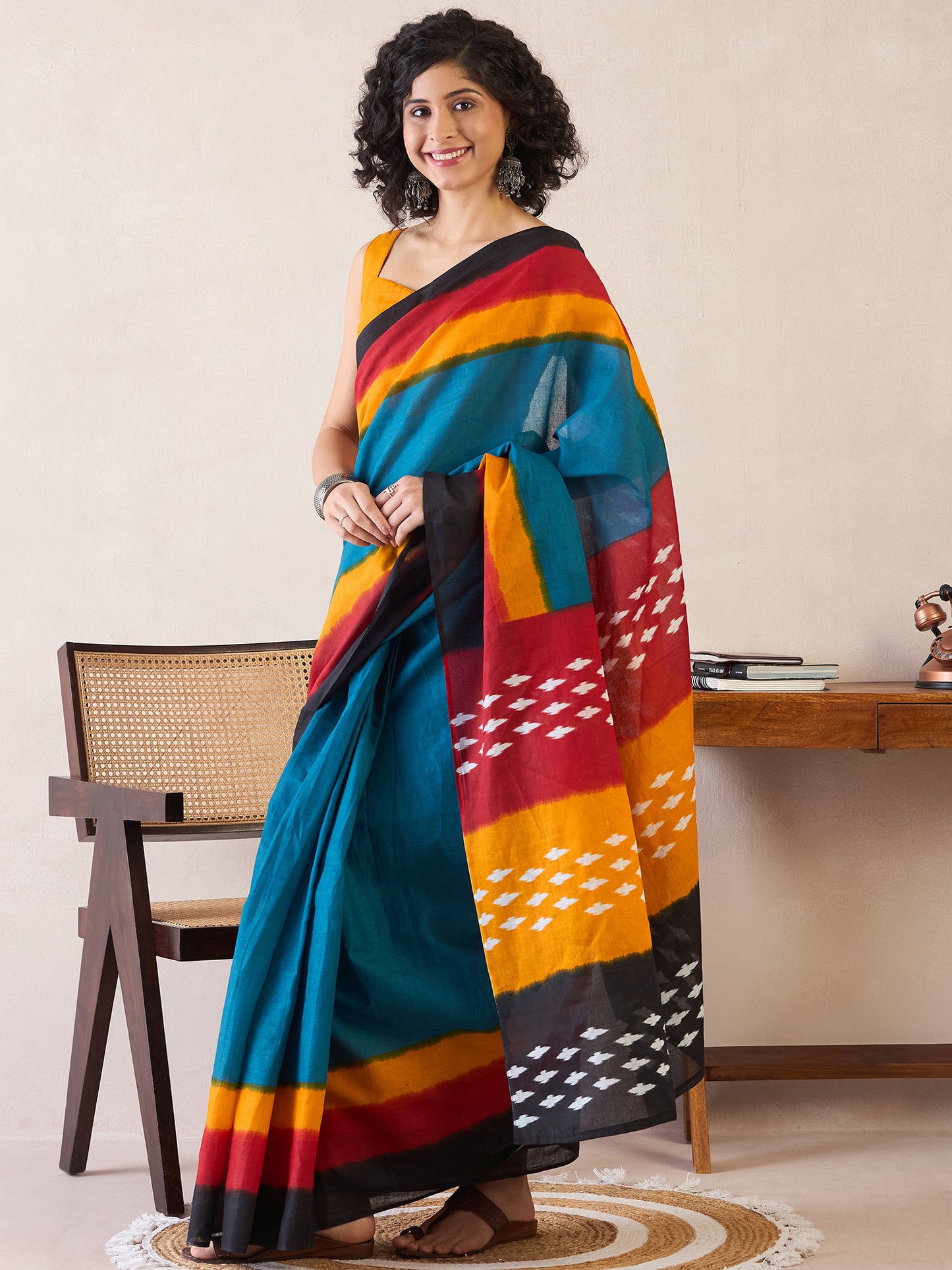 Women's Cotton Teal blue Printed Ready to Wear With Blouse Piece