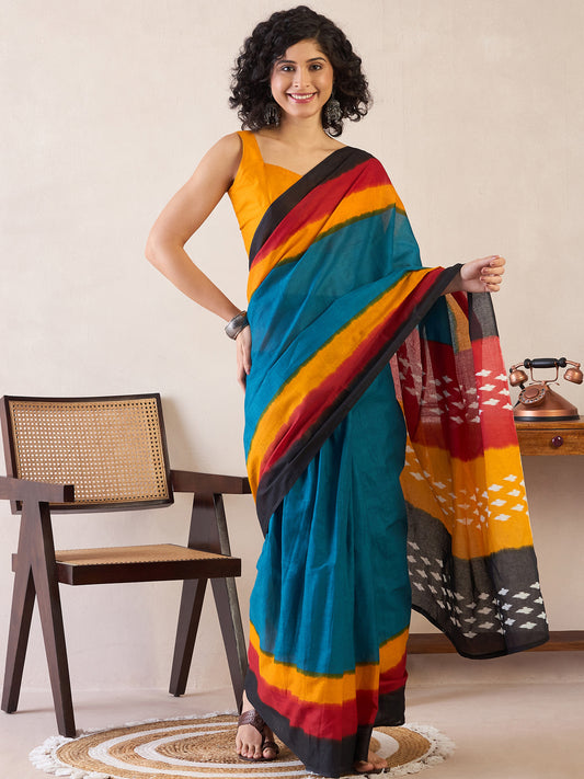 Women's Cotton Teal blue Printed Ready to Wear With Blouse Piece