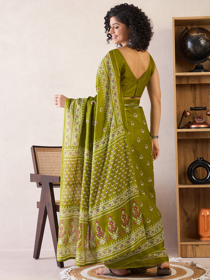 Women's Cotton Olive Printed Ready to Wear With Blouse Piece