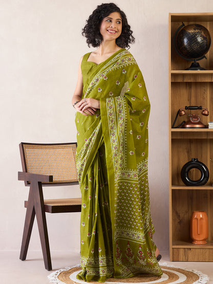 Women's Cotton Olive Printed Ready to Wear With Blouse Piece