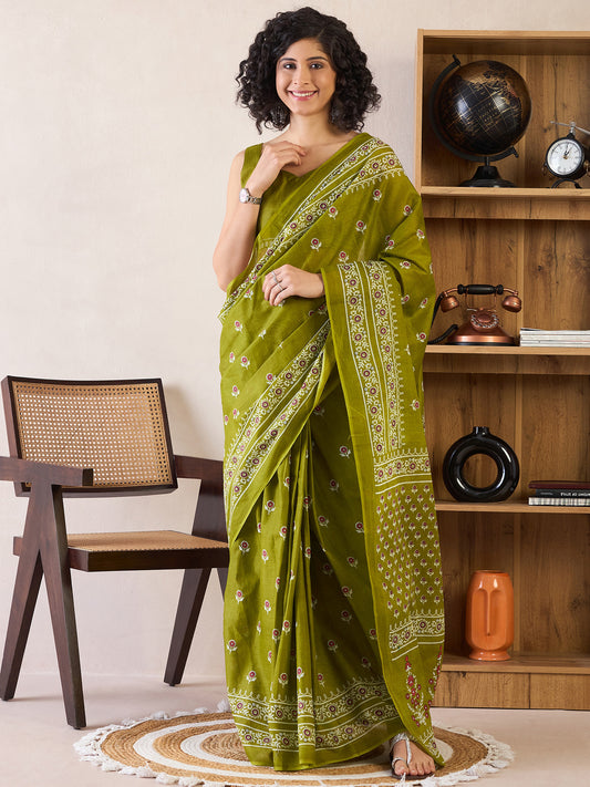Women's Cotton Olive Printed Ready to Wear With Blouse Piece