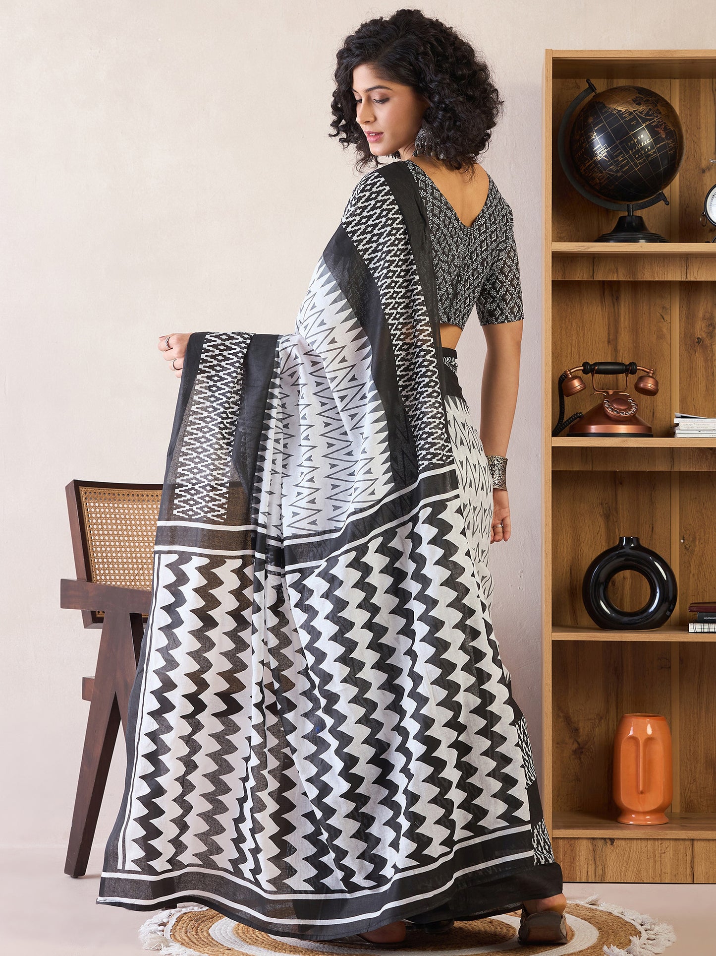 Women's Cotton White Printed Ready to Wear With Blouse Piece