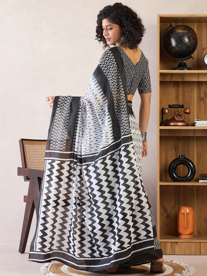 Women's Cotton White Printed Ready to Wear With Blouse Piece