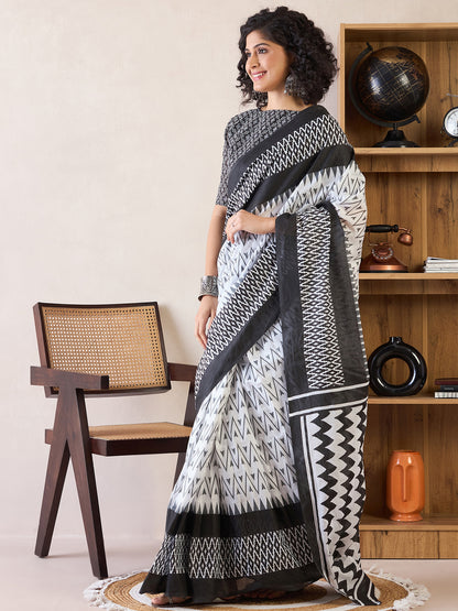 Women's Cotton White Printed Ready to Wear With Blouse Piece