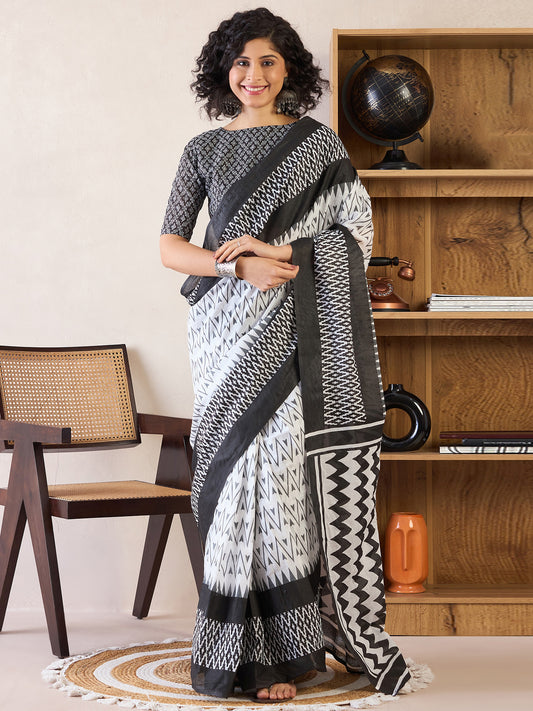 Women's Cotton White Printed Ready to Wear With Blouse Piece