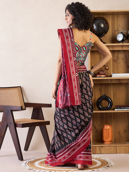 Women's Cotton Black Printed Ready to Wear With Blouse Piece
