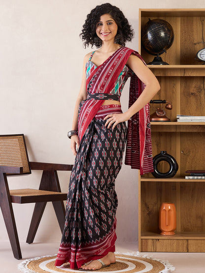 Women's Cotton Black Printed Ready to Wear With Blouse Piece