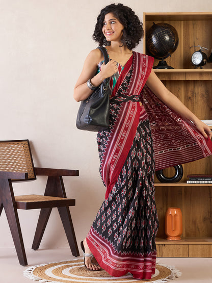 Women's Cotton Black Printed Ready to Wear With Blouse Piece