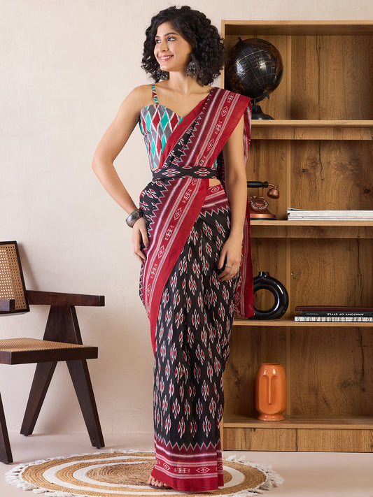 Women's Cotton Black Printed Ready to Wear With Blouse Piece